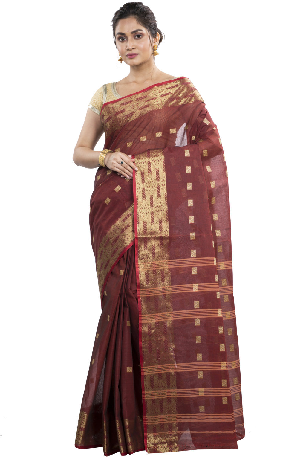 Brown Pure Cotton SqureButi Tant Saree (791)